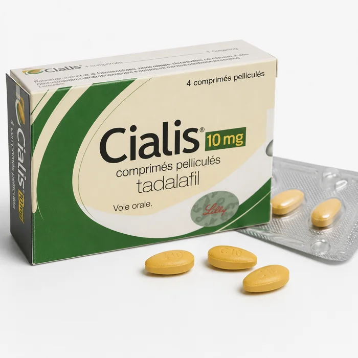 Boîte de Cialis 10 mg (tadalafil, Lilly) avec blister et comprimés